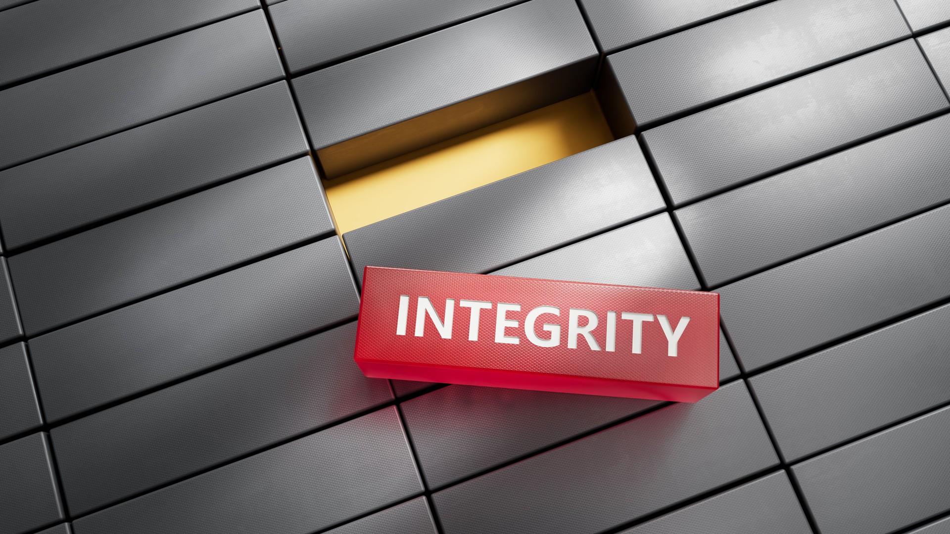 INTEGRITY word written on metal blocks.close up of metal blocks,Business Concept.3D rendering on RED background.